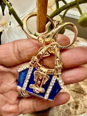 Gold-Tone Blue Purse Charm Bag Bagcharm Keychain with Crystals